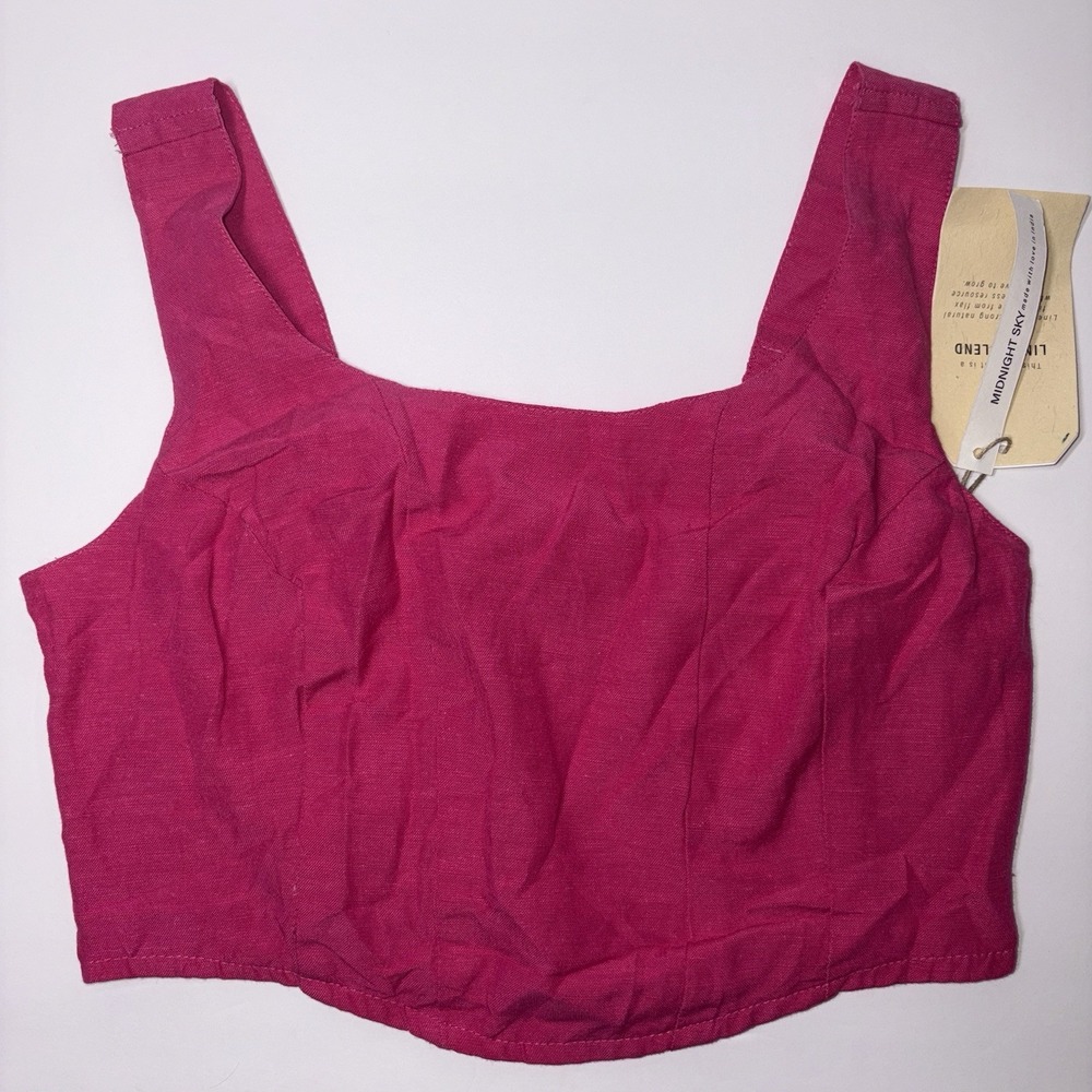 Midnight Sky Linen Smocked Crop Top Vibrant Pink Lightweight Summer Casual NWT S